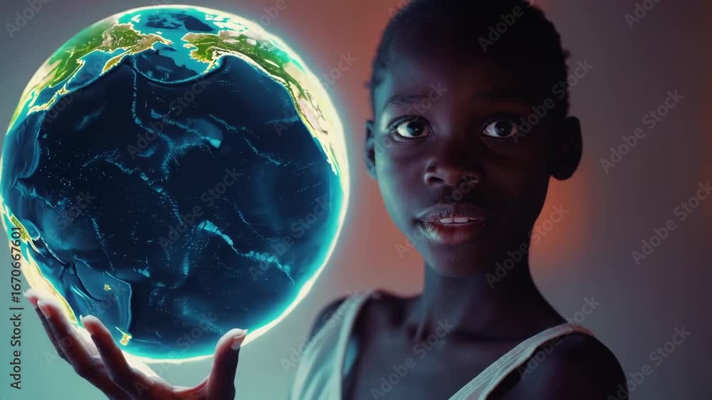 custom made wallpaper toronto digitalYoung African girl holding glowing Earth globe symbolizing hope for humanity.