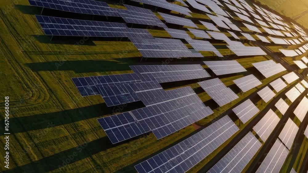 custom made wallpaper toronto digitalAerial slow-motion view of solar power station fields at sunset, symbolizing renewable energy.