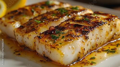 Wallpaper Mural Deliciously grilled halibut fillets with lemon and herbs beautifully plated for a fantastic photo Torontodigital.ca