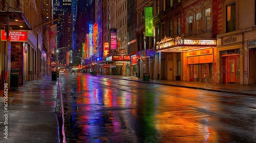 Vibrant neon signs illuminate a deserted city street at night, reflecting in the wet pavement.