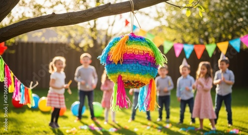 Festive piñata hanging at a cheerful kids birthday party outdoors