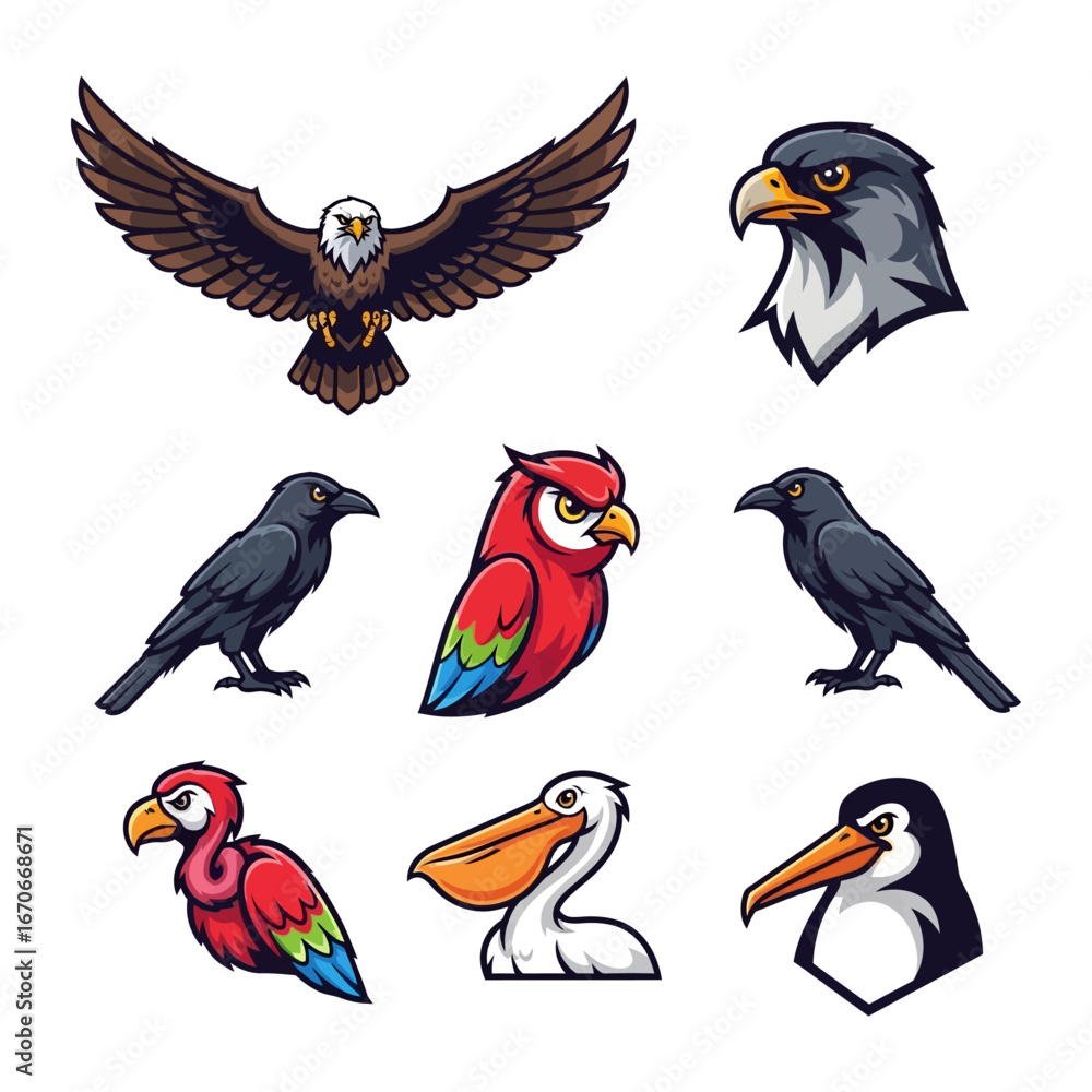 Fototapeta premium Exotic Bird Collection Illustration: A vibrant digital illustration showcasing an array of birds, featuring diverse species with intricate detail and vivid colors.