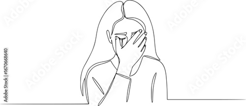 International Day for the Elimination of Violence against Women. Illustration of woman crying, covering her face with her hand. Continuous one line drawing style. 
