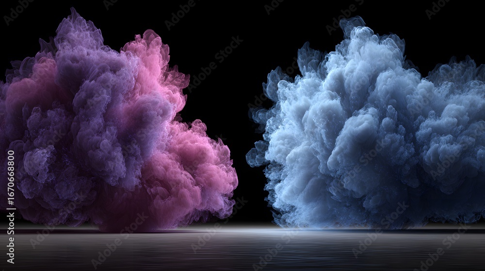 Fototapeta premium Two dramatic clouds of vibrant pink and blue ink explode in a dark setting.