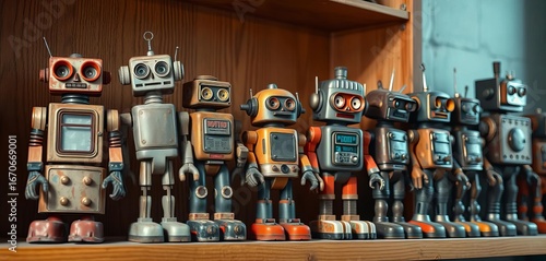 Dusty vintage robots, various sizes & styles, displayed on wooden shelf,  grunge,  retro robot
