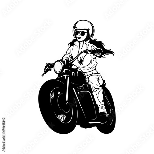 Sexy Girl and Vintage Motorcycle - Chopper, Classic Bike, Clipart, Vector Silhouette