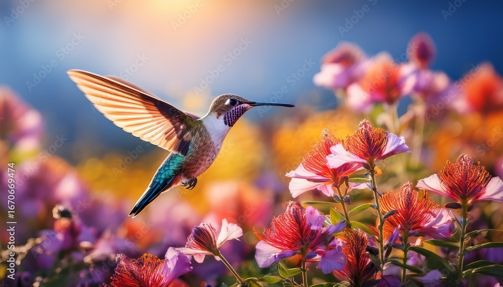 Naklejka premium hummingbird hovering over blooming wildflowers creates serene