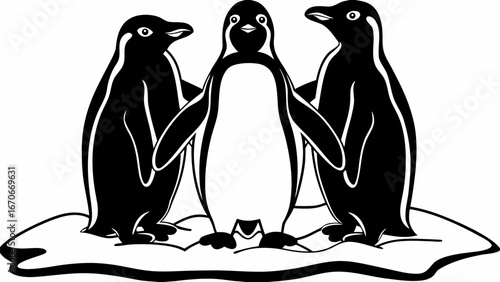 Three penguins standing together on an ice floe in a black and white illustration style image format |  editable eps vectors silhouette