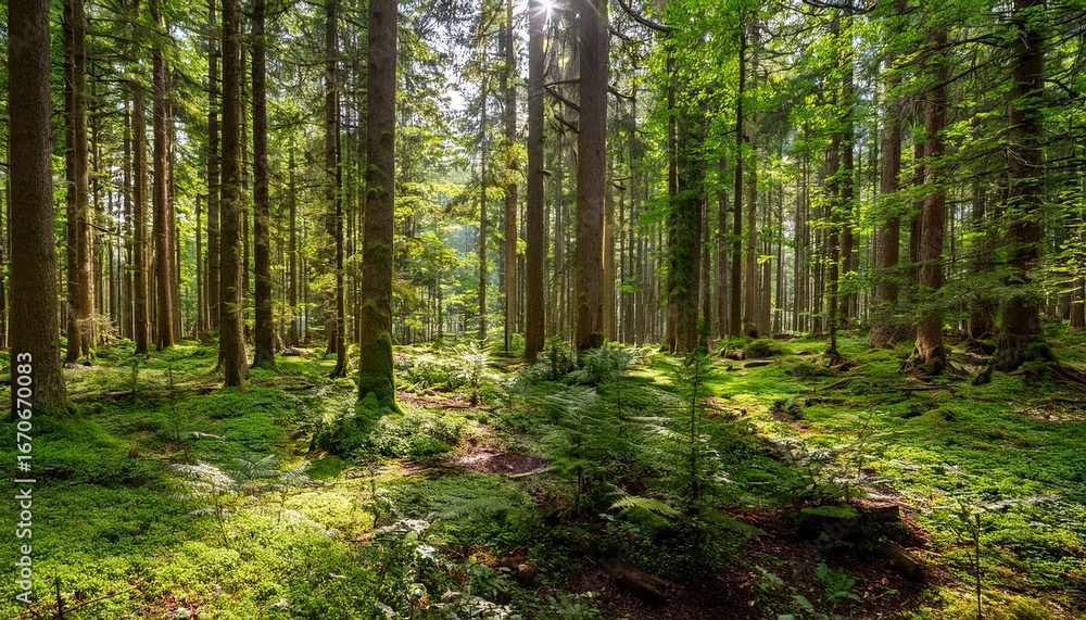 Obraz premium strolling through a lush forest filled with tall trees and vibrant greenery while sunlight creates beautiful patterns on the forest floor