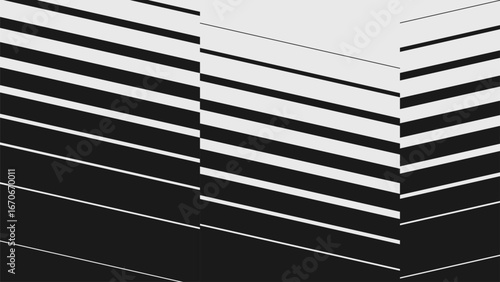 Abstract modern art in brutalism style, Postmodern geometric ornament, dynamic diagonal transition vector oblique line halftone gradation texture, thin to thick stripe vanish backdrop