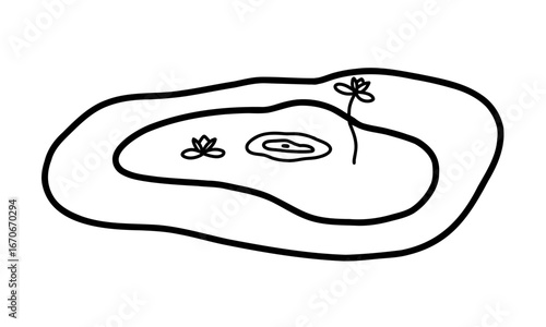 Lake or swamp with water lily. Hand drawn doodle line illustration. Nature and landscaping design.