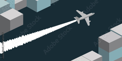 An airplane flying between abstract buildings leaving a white contrail on a dark blue background