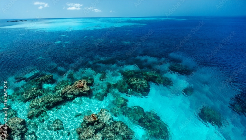 Fototapeta premium turquoise water surface with dark seabed formations visible from above creating a beautiful contrast of colors in a tropical paradise