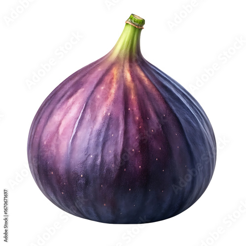 Ripe purple fig fruit with green stem close up transparent background
