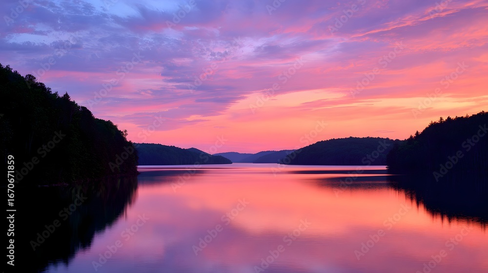 Naklejka premium A serene lake reflects a vibrant sunset with hues of pink and purple, framed by dark silhouettes of forest-covered hills.