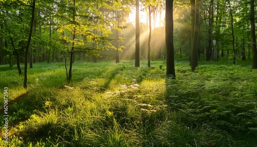 lush green foliage thrives in the early morning sunlight within a serene forest setting surrounded by soft grass