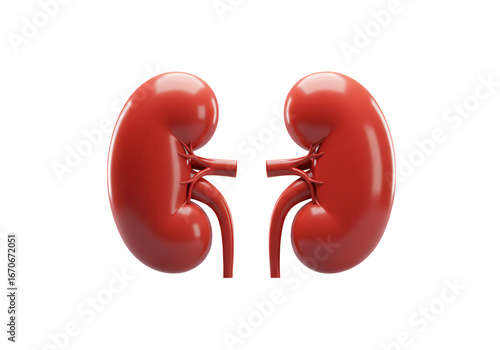 Realistic 3d rendering of two healthy human kidneys with visible ureters isolated on transparent background