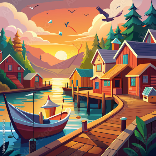 Idyllic scandinavian village with colorful wooden houses on a calm lake at sunset