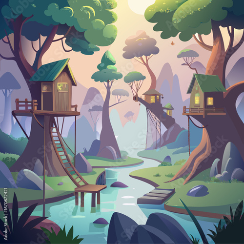 Enchanting forest village with treehouses nestled among surreal trees and a flowing river