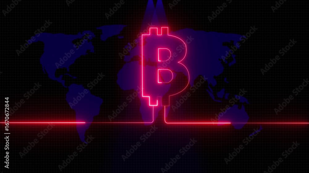 Glowing Bitcoin symbol over world digital map. Futuristic cryptocurrency, blockchain, global finance, and digital technology animation. rotates over world map on background. 