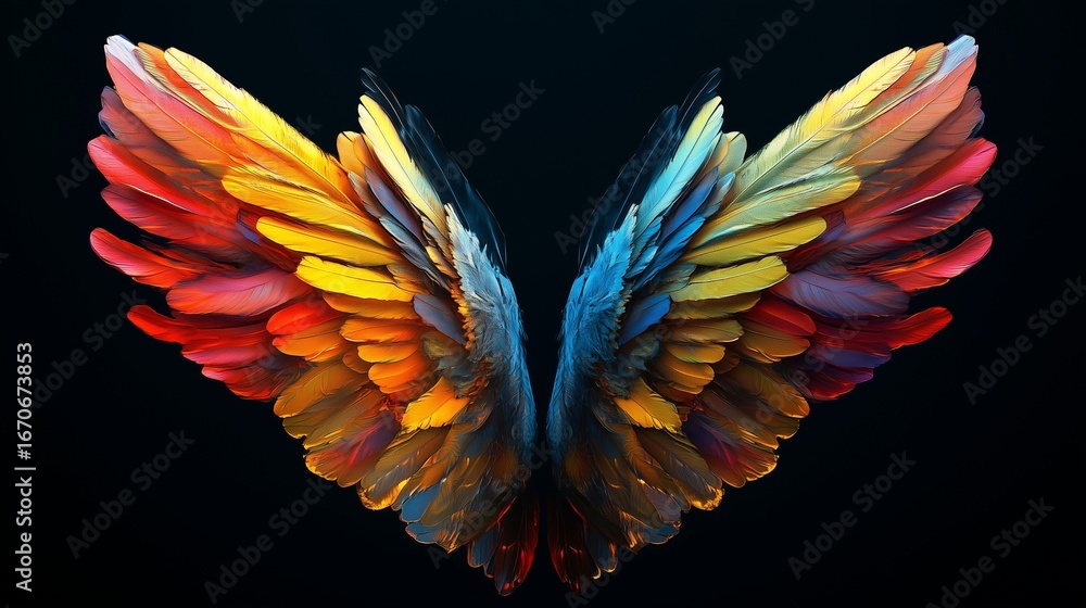 Obraz premium An image of a colorful wing. A black background with angel wings. Generative ai colors bright. A picture of a vibrant wing lifestyle.