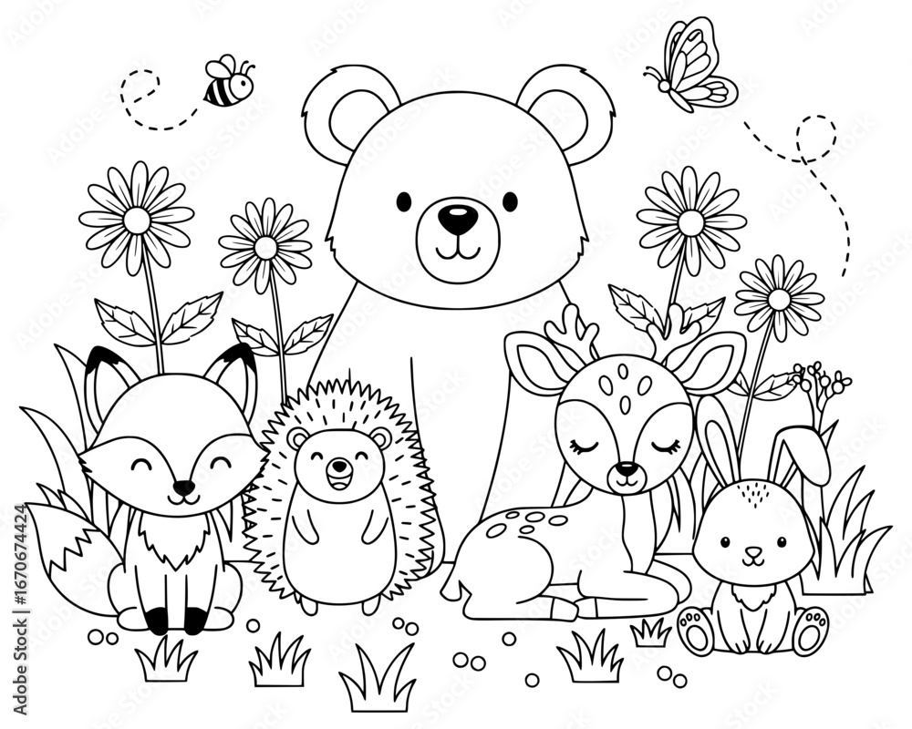 Obraz premium Forest Animals Svg. Cute and friendly cartoon forest animals in a meadow, a sweet line art illustration perfect for children's books, nursery designs, and coloring pages.