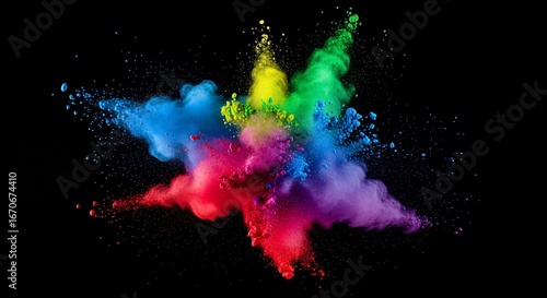 Explosive and vibrant abstract artwork depicting a colorful burst of powder on black backdrop