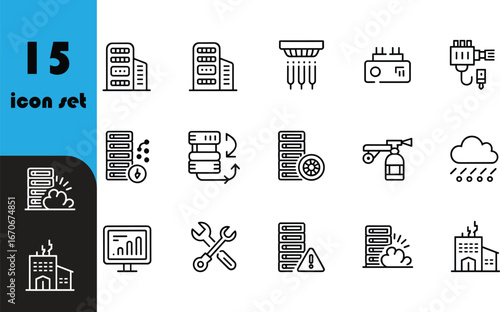 Data center icons set, server room symbols, cloud infrastructure vector, network storage illustrations, IT management tools, cybersecurity visuals, database, hosting system design