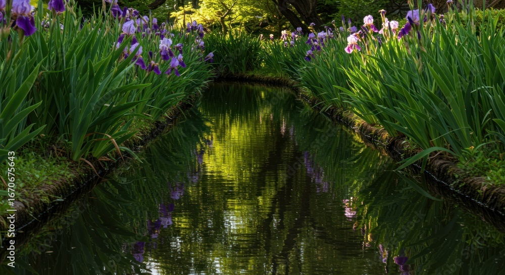Fototapeta premium A serene canal lined with vibrant purple irises and lush green foliage reflecting in the calm water, creating a picturesque garden scene