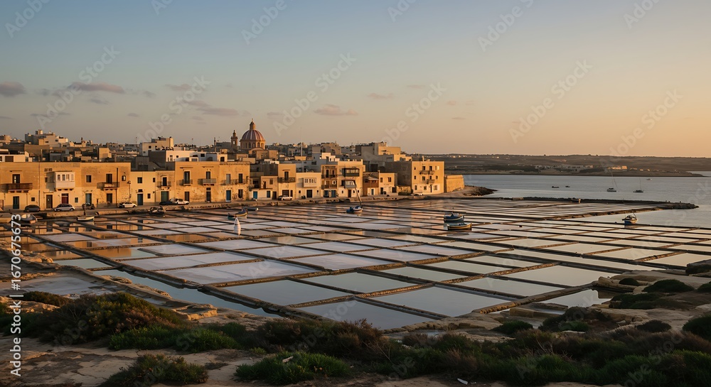 Fototapeta premium Magnificent salt pans reflecting soft light, showcasing traditional salt harvesting techniques by