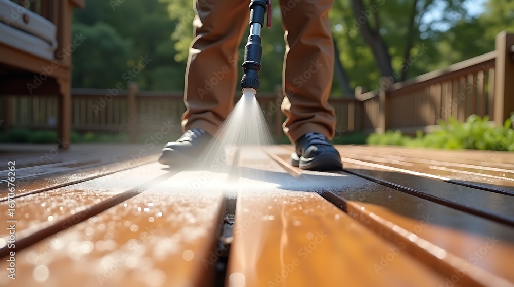 Fototapeta premium Close up low angle shot of a person wearing brown pants and dark shoes pressure washing a wooden deck on a sunny day