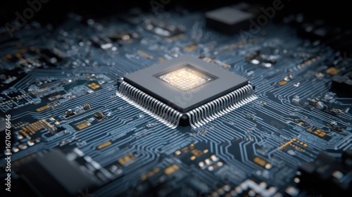 Close Up of Central Processing Unit on Computer Circuit Board with Bright Illuminated Chip