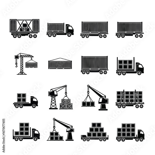 Set of black and white icons representing logistics and transport
