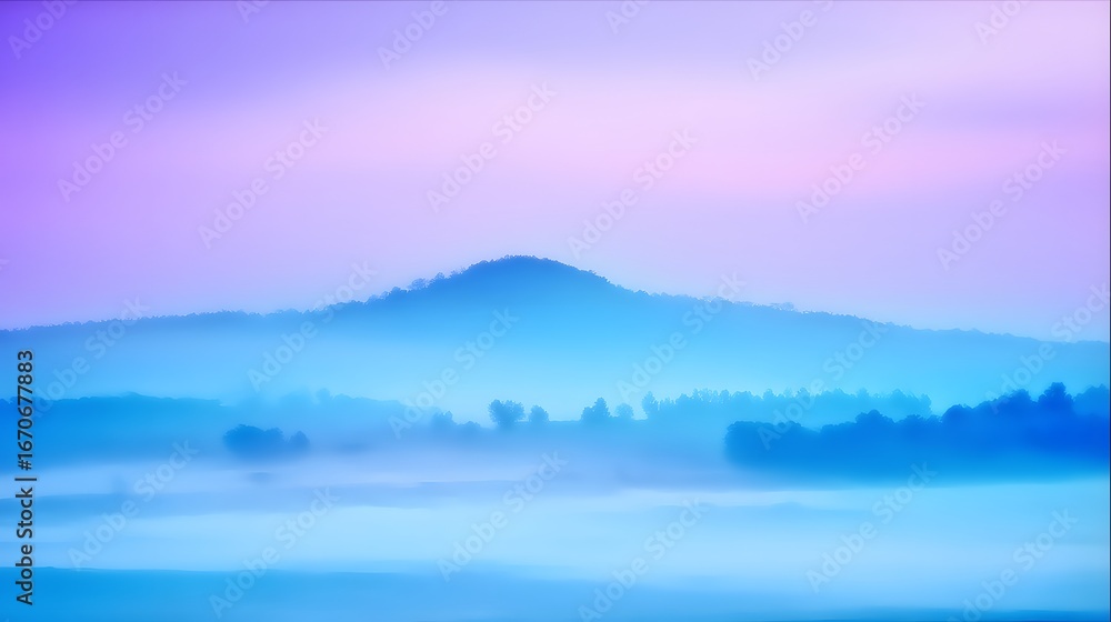 Fototapeta premium A tranquil landscape, shrouded in soft, pastel hues of lavender and azure, displays a misty morning scene with a distant mountain range, painted with gentle gradients.