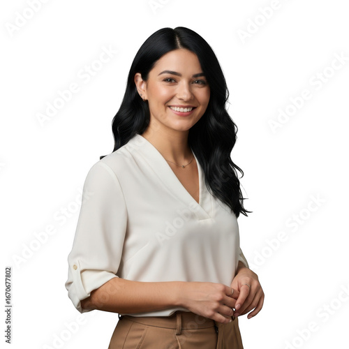 Smiling young asian woman with dark hair wearing a white blouse and brown pants looking directly at the camera in a studio portrait.