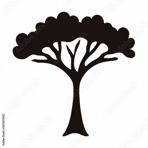 Simple black silhouette of a tree with a full canopy isolated on white