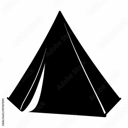 Simple black and white illustration of a camping tent on white background