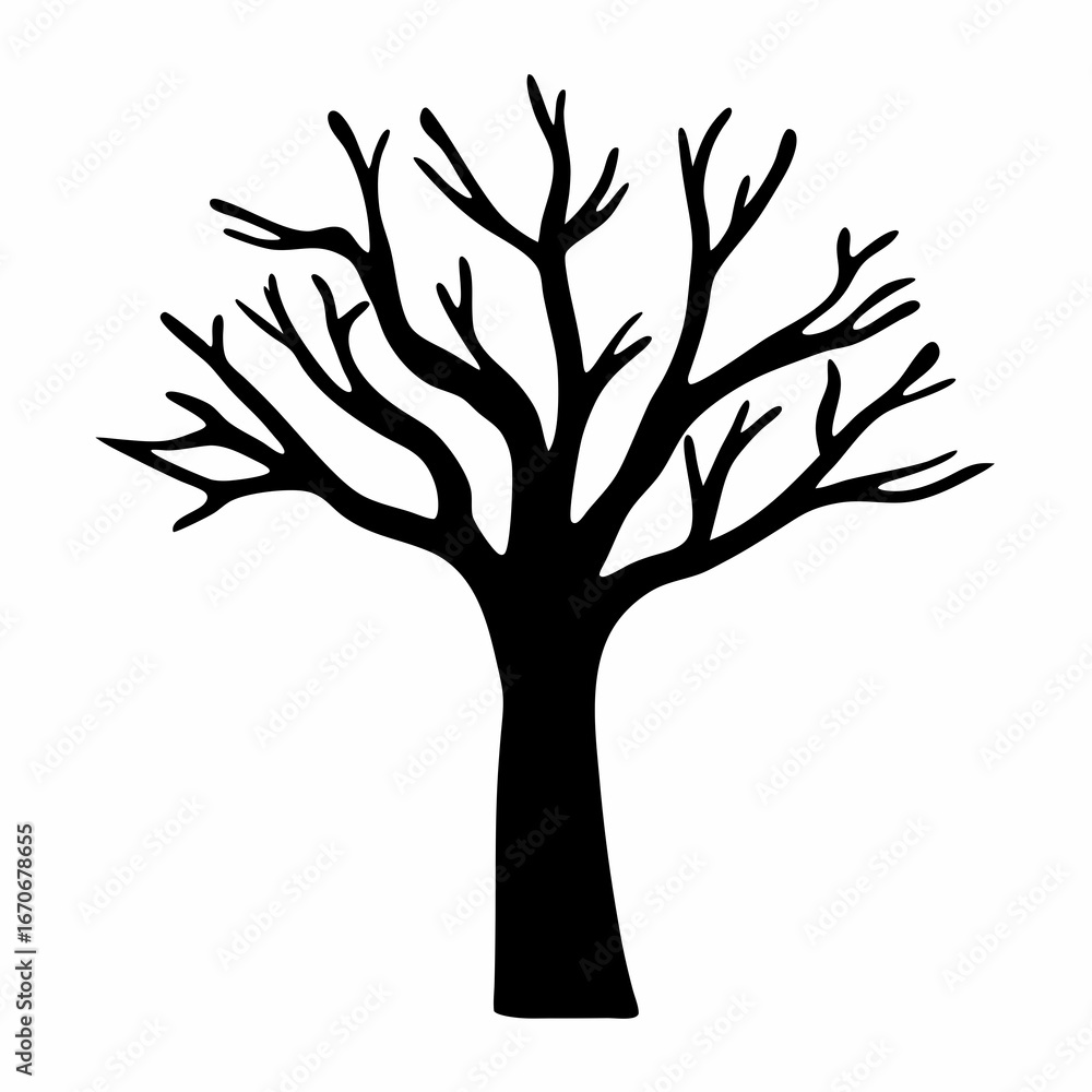 Obraz premium Black and white silhouette illustration of a leafless tree on white background