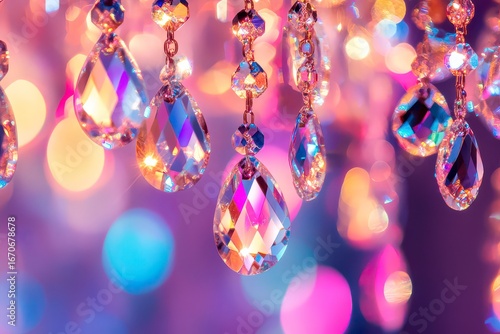 Cluster of colorful crystal ornaments hanging from a light fixture