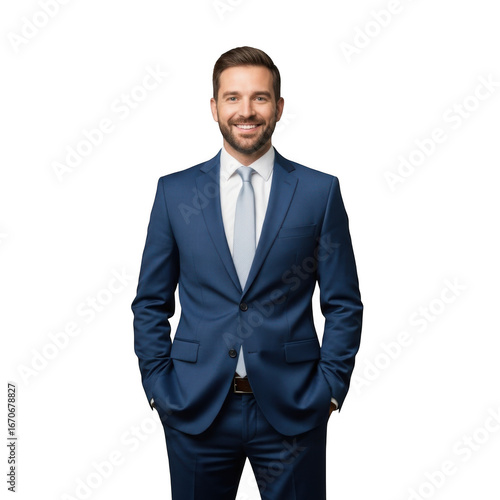 Professional man in navy blue suit with light tie smiling confidently against a deep black backdrop