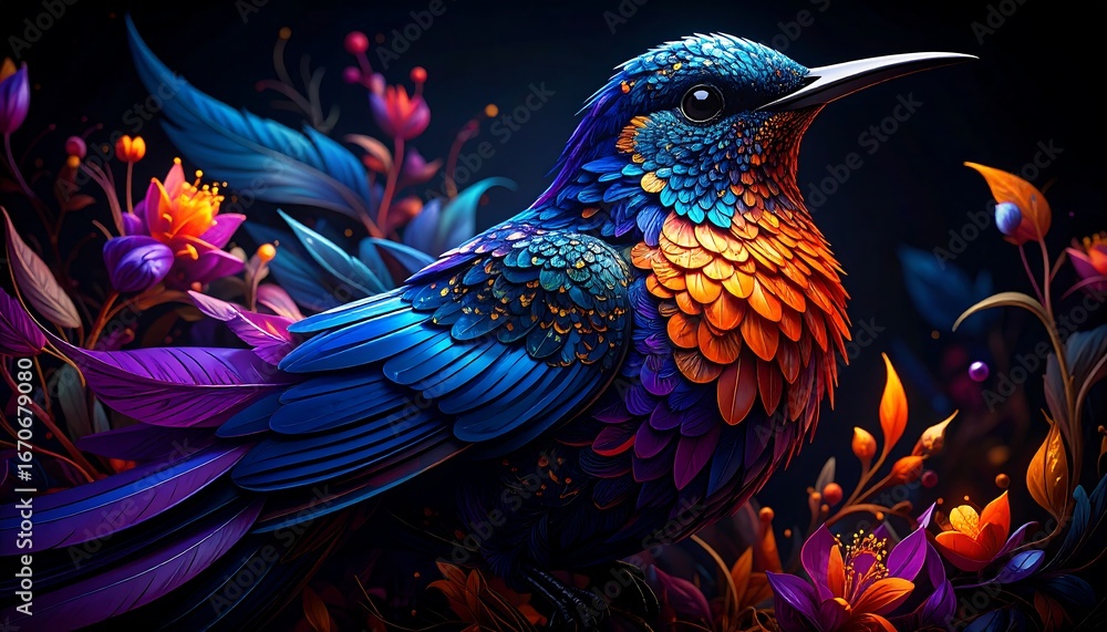 Fototapeta premium Vibrant Hummingbird in a Surreal Floral Setting: Digital Art
