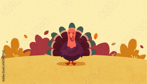 A turkey with a red beak and green feathers standing on yellow grass. Cozy flat cartoon thanksgiving scene. Autumn landscape.