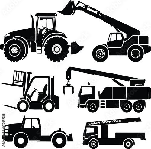 Heavy vehicle silhouette, heavy traffic icons, truck, tractor, construction, equipment, machine, vehicle, crane, machinery,