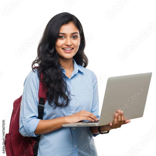 Young indian student smiling holding laptop backpack ready for education digital learning technology student life opportunities