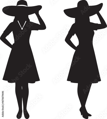 Two elegant women wearing wide brimmed hats and dresses in silhouette isolated on white background