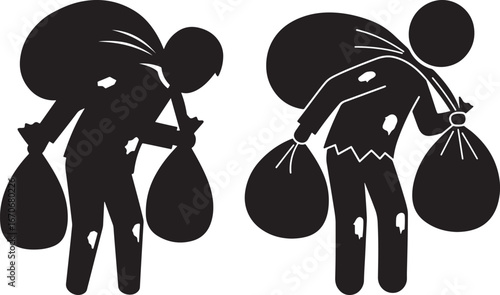 Two stylized cartoon figures carrying large sacks over their shoulders silhouette isolated on white background