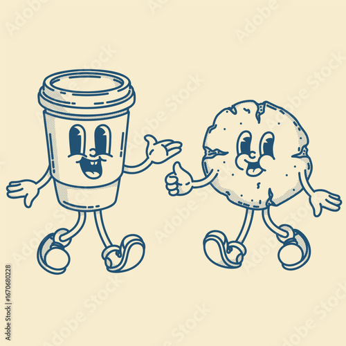 Happy retro mascot cookie and coffee to go character, smiling, thumb up gesture. Menu, homemade bakery symbol