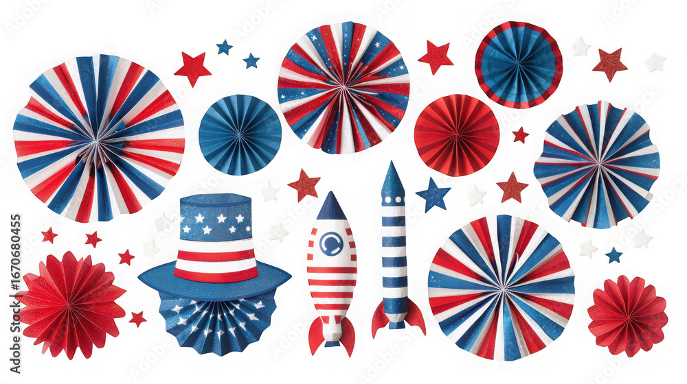 Obraz premium Collection of patriotic american holiday decorations including paper fans, rockets, and a top hat, isolated on transparent background
