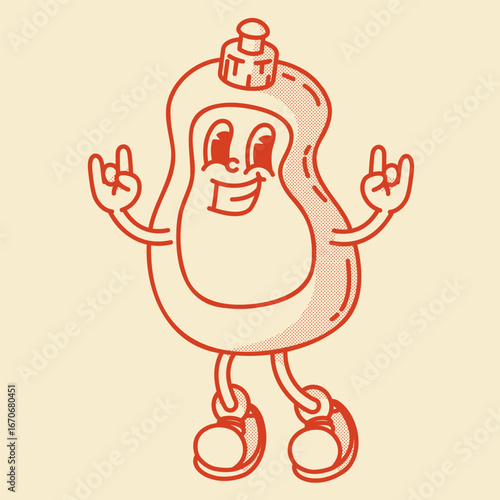 Smiling retro mascot bottle. Perfect for dish soap, shampoo or cleaner ads. Vintage character with rock gesture