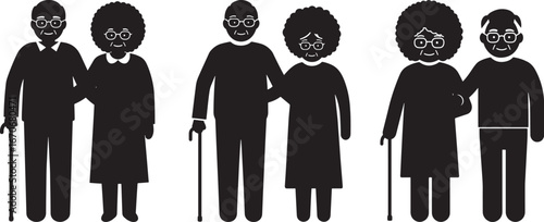 Three diverse elderly couples standing together as silhouettes isolated on white background